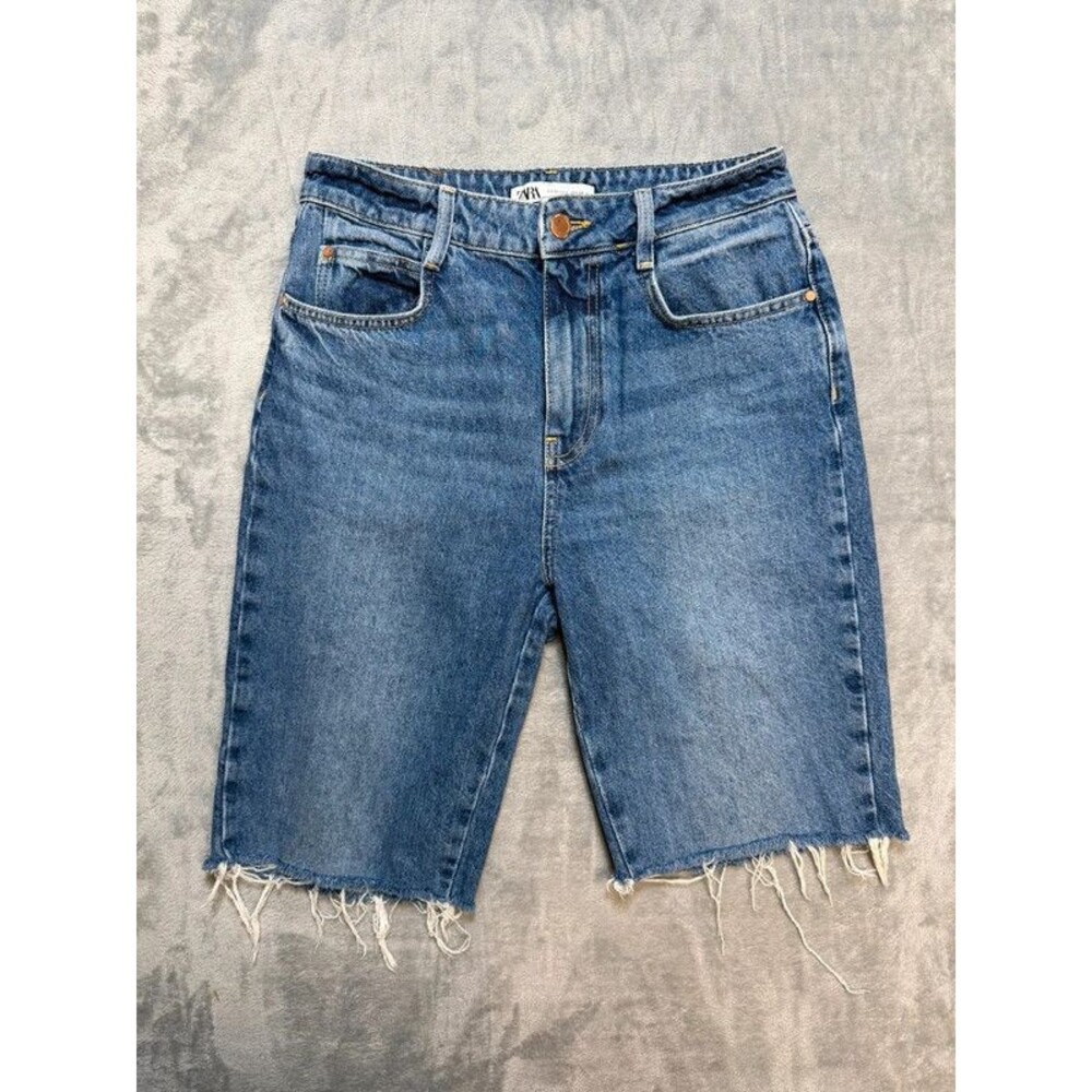 Zara Womens Denim Bermuda Shorts Blue Raw Hem Size 6 100% Cotton